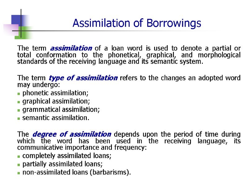 Assimilation of Borrowings The term assimilation of a loan word is used to denote
